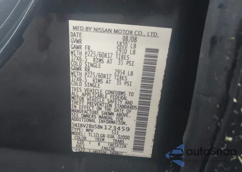 2008 Nissan Quest 3.5 Se from USA, damaged, VIN 5N1BV28U58N123459